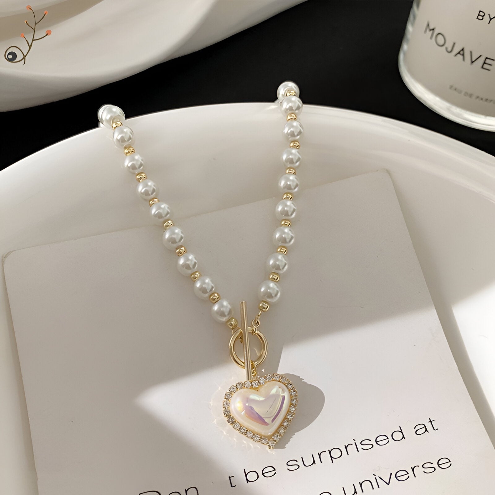 Gold Pearl Bead Heart Pendant Necklace