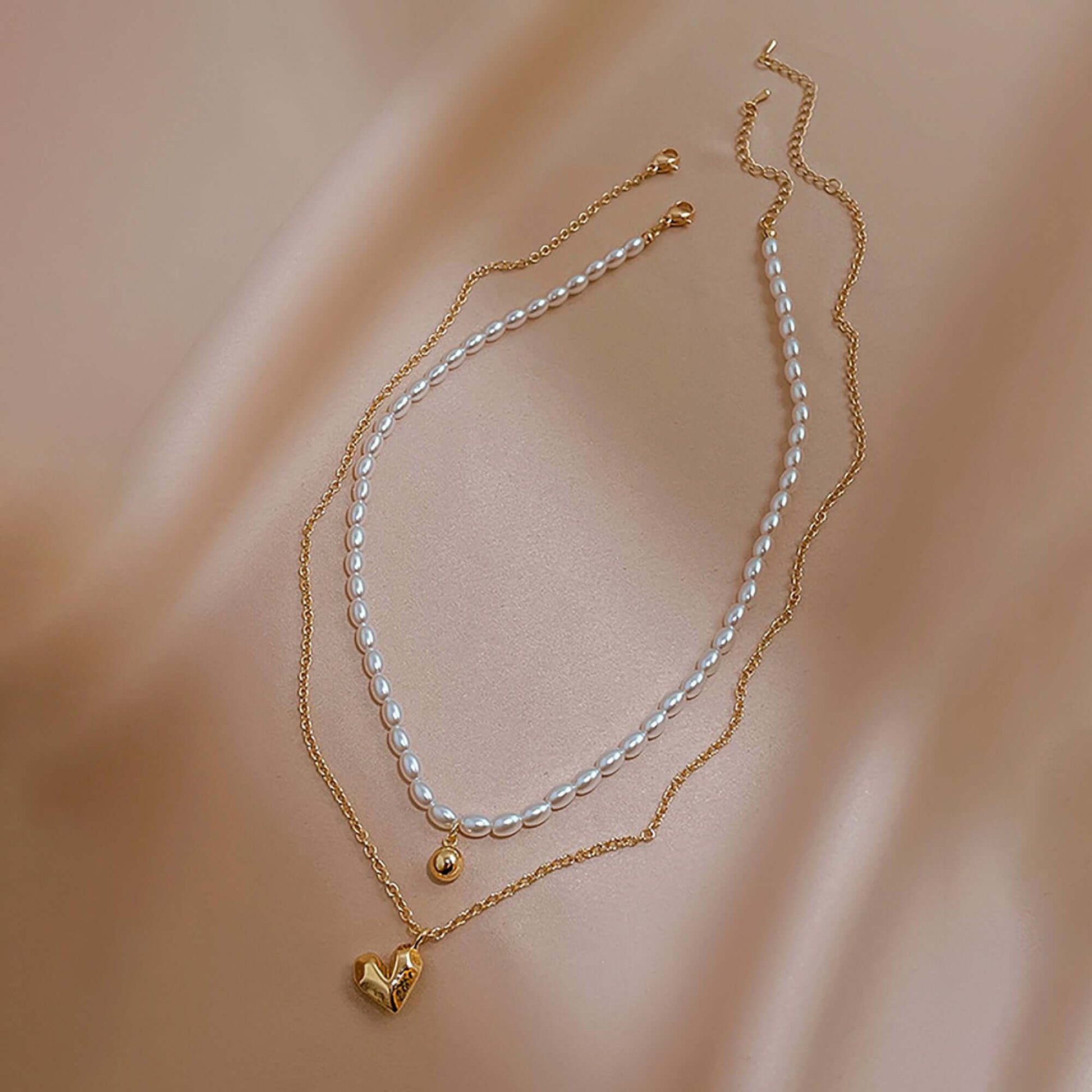 Gold Pearl Bead Layered Necklace 