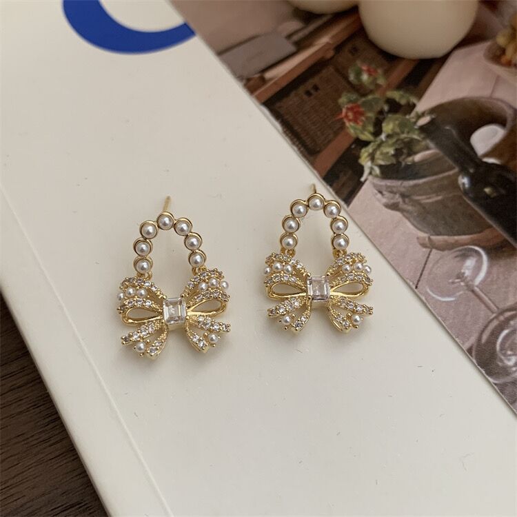 Gold Pearl CZ Bow Tie Earrings 