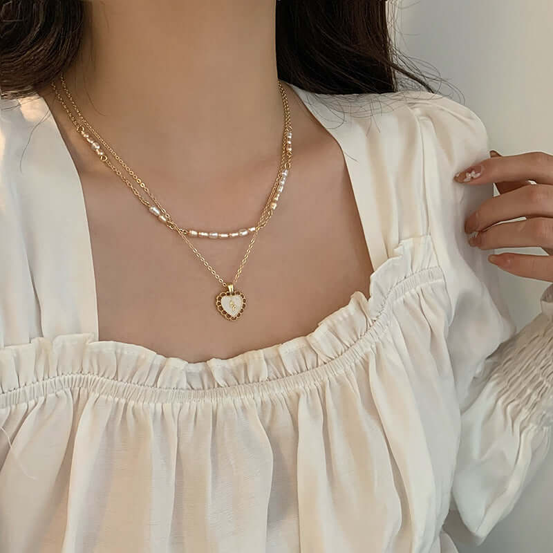 Gold Pearl Heart Pendant Layering Necklace