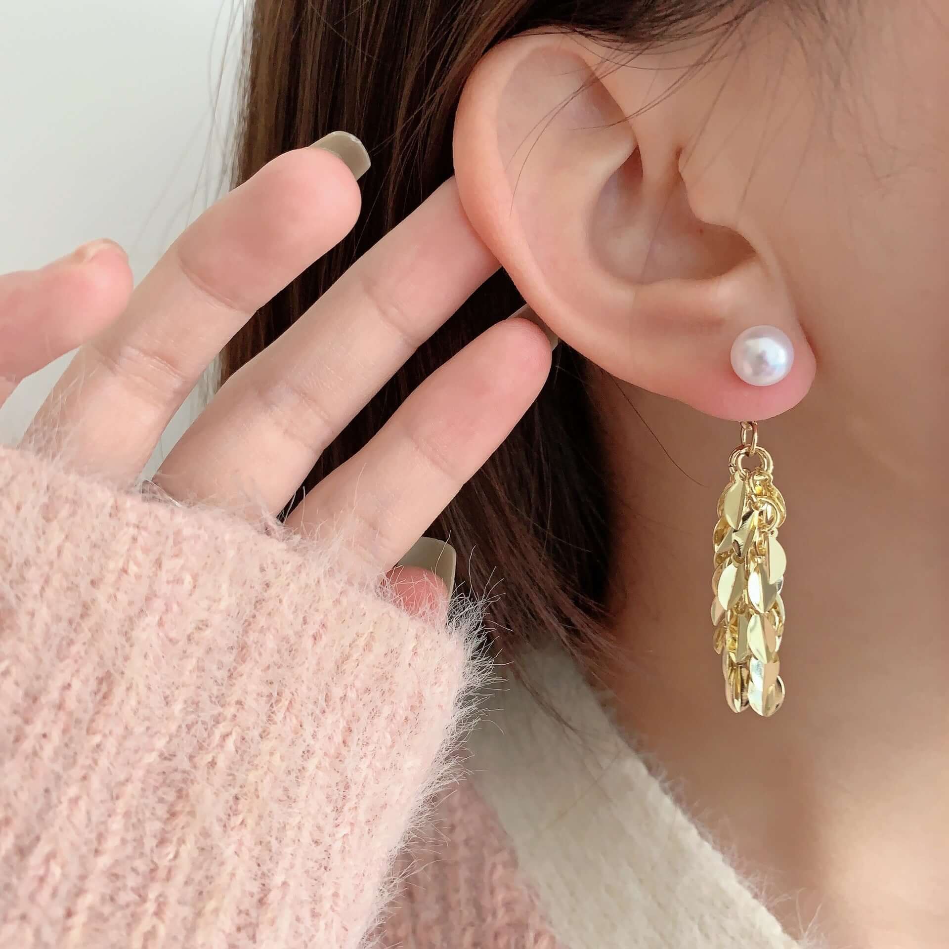 Gold Pearl Leaf Earrings