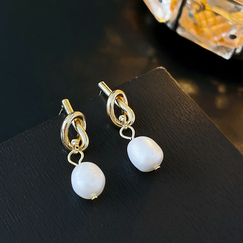 Gold Pearl Love Knot Earrings