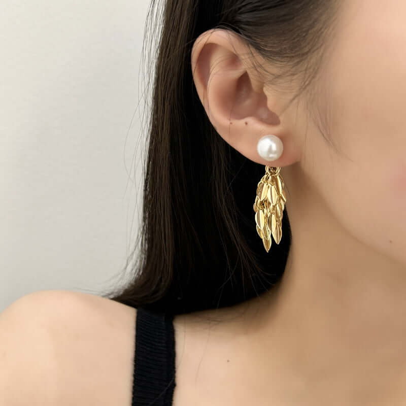 Gold Pearl Multi Leaf Earrings