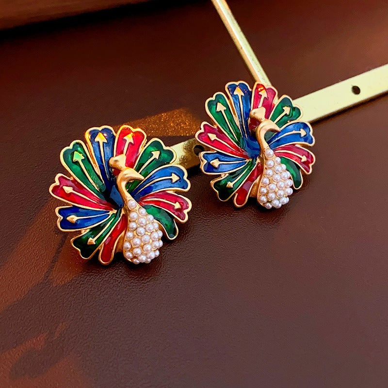 Gold Pearl Peacock Earrings