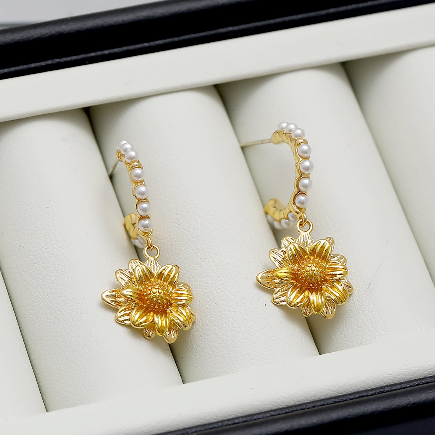 Gold Pearl Sunflower Earrings