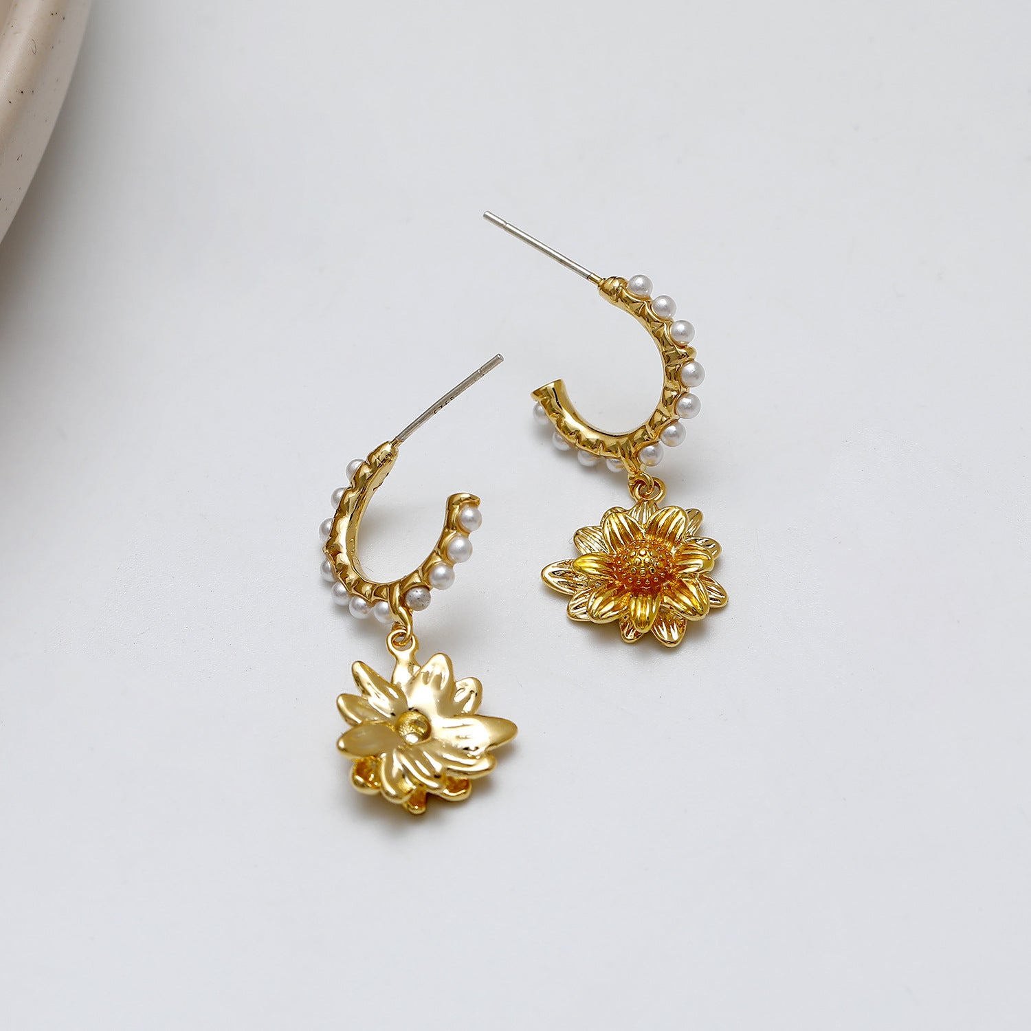 Gold Pearl Sunflower Hoop Earrings