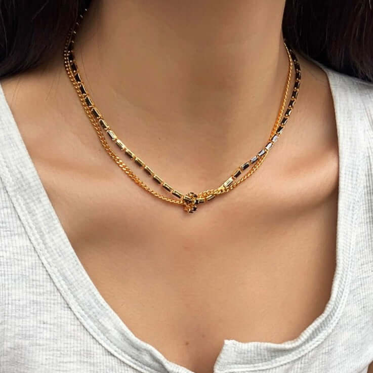 Gold Plated Black CZ Layered Necklace
