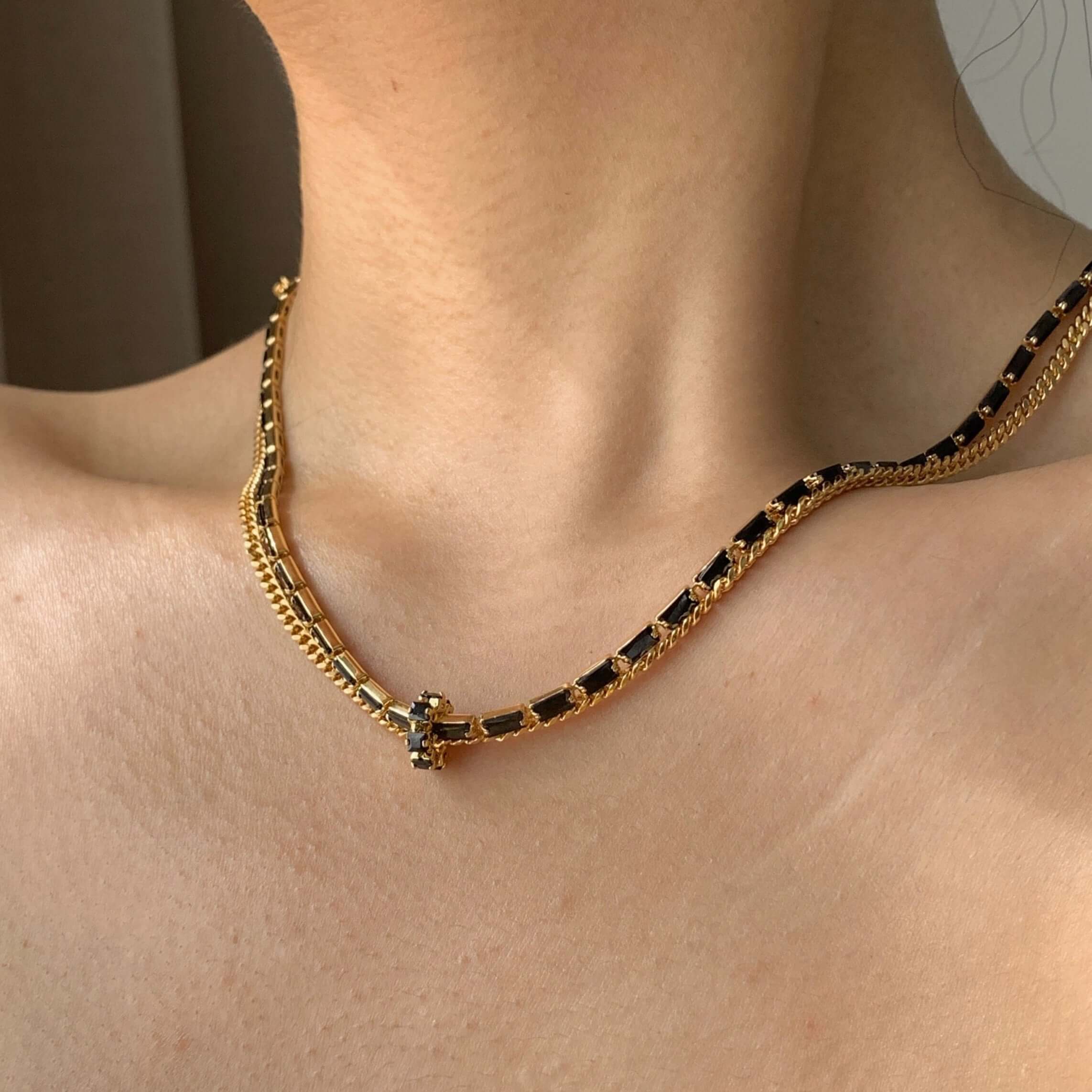 Gold Plated Black CZ Layering Necklace