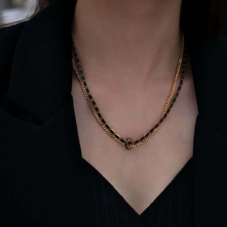 Gold Plated Black Layered Chain Necklace