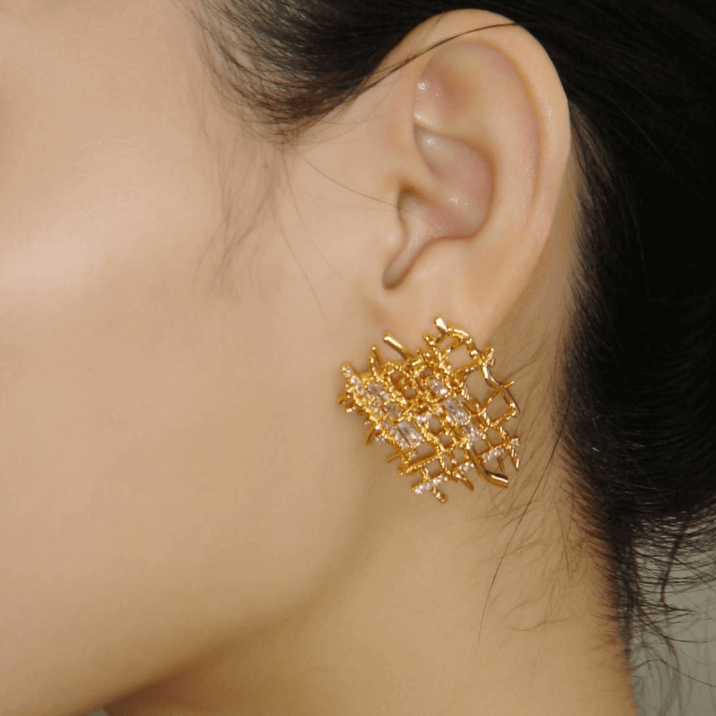 Gold Plated Braided Woven CZ Earrings 