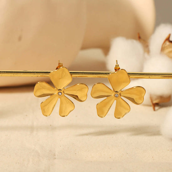 18K Gold Plated Stainless Steel Earrings, Five Leaf Clover Earrings | JDE041
