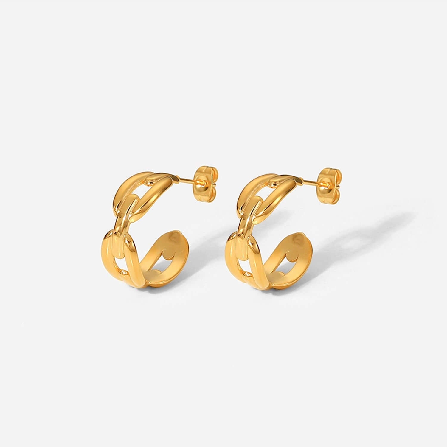 18K Gold Plated Classic Hollow Chain C Hoop Earrings and Ring