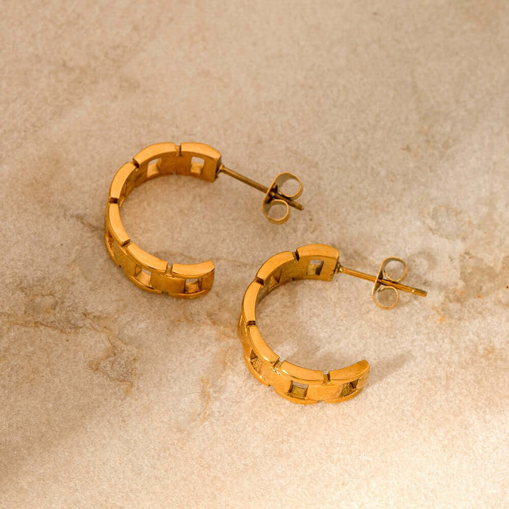 18K Gold Plated Hollow Chain C Hoop Earrings