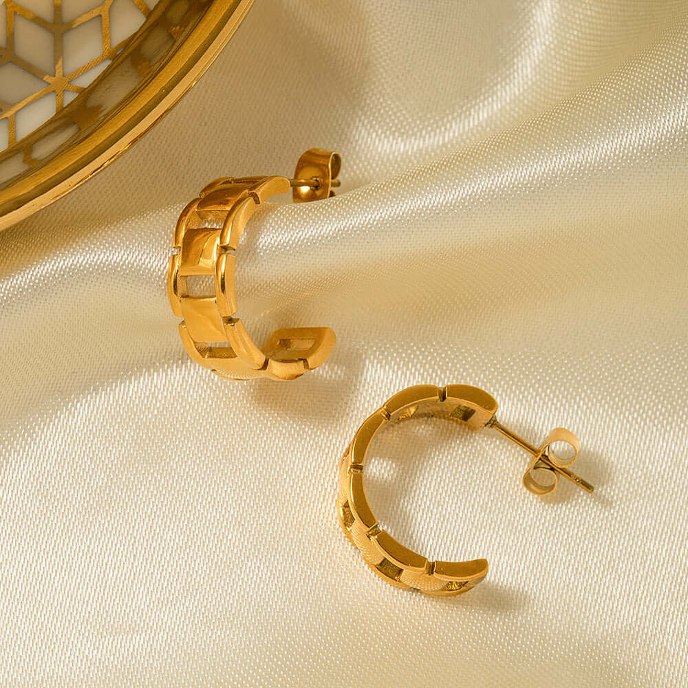 18K Gold Plated Hollow Chain C Hoop Earrings