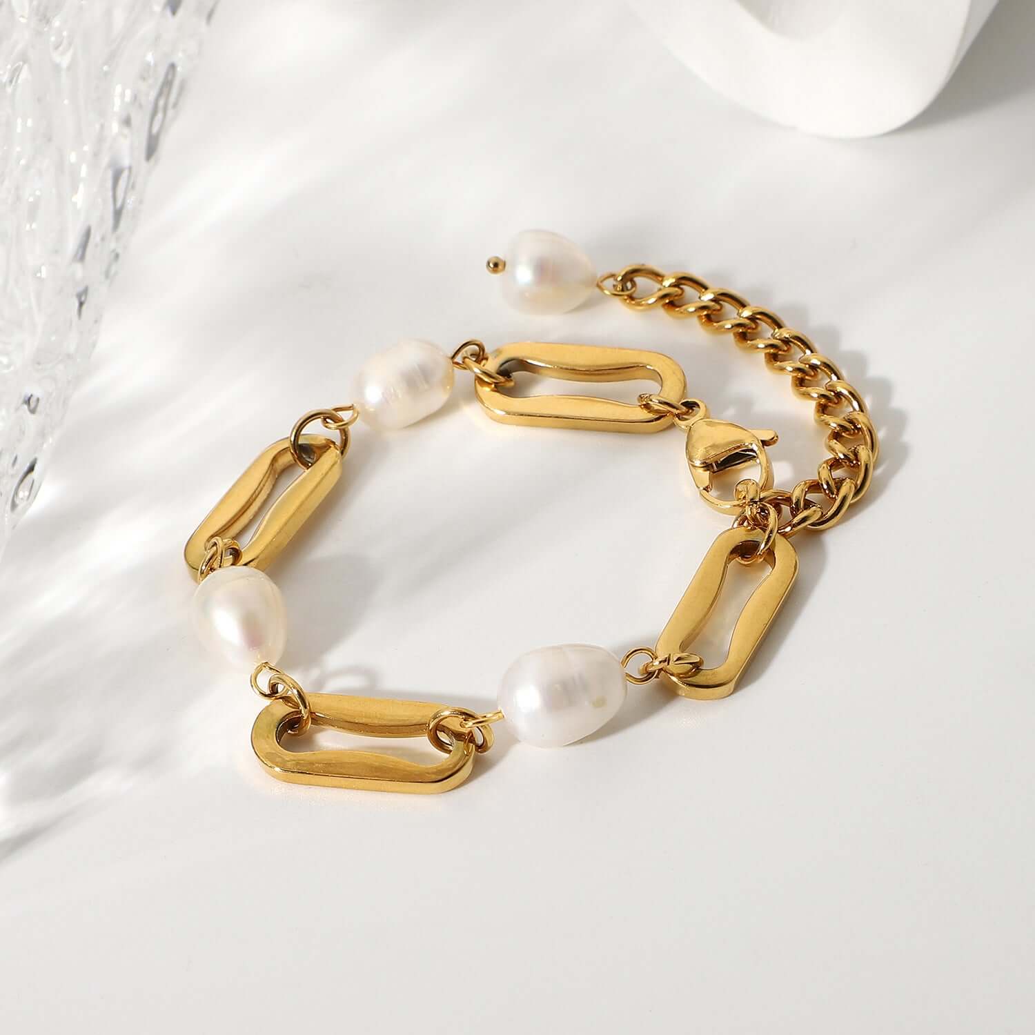 Gold Plated Chunky Pearl Paperclip Bracelet