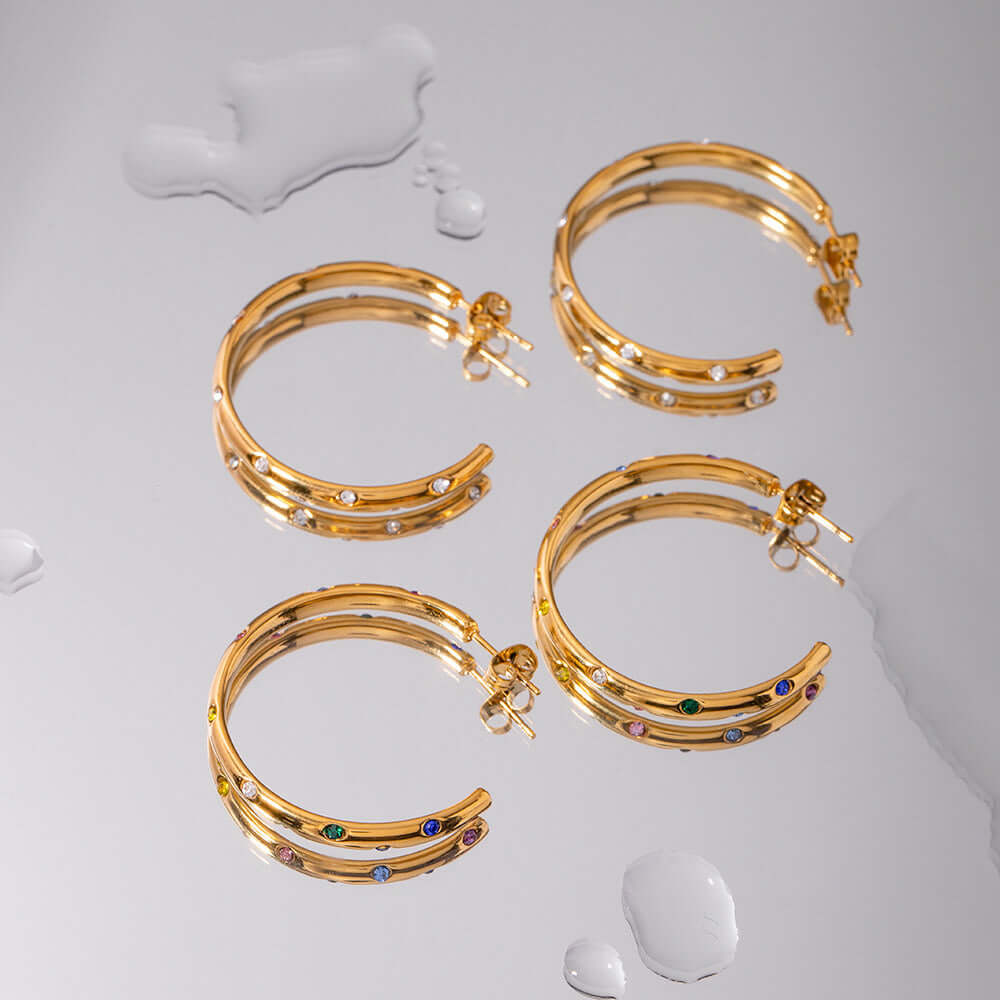 18K Gold Plated Minimal Diamond C Hoop Earrings