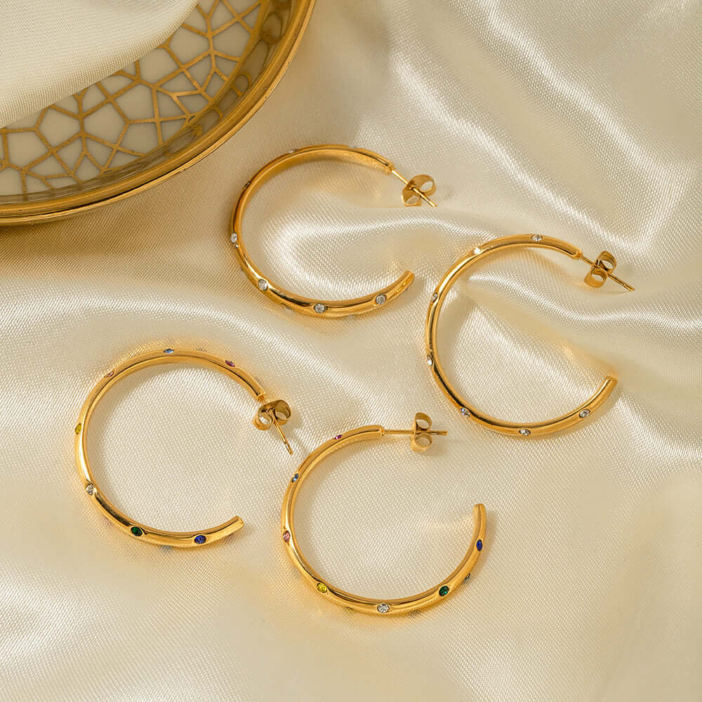 18K Gold Plated Minimal Diamond C Hoop Earrings