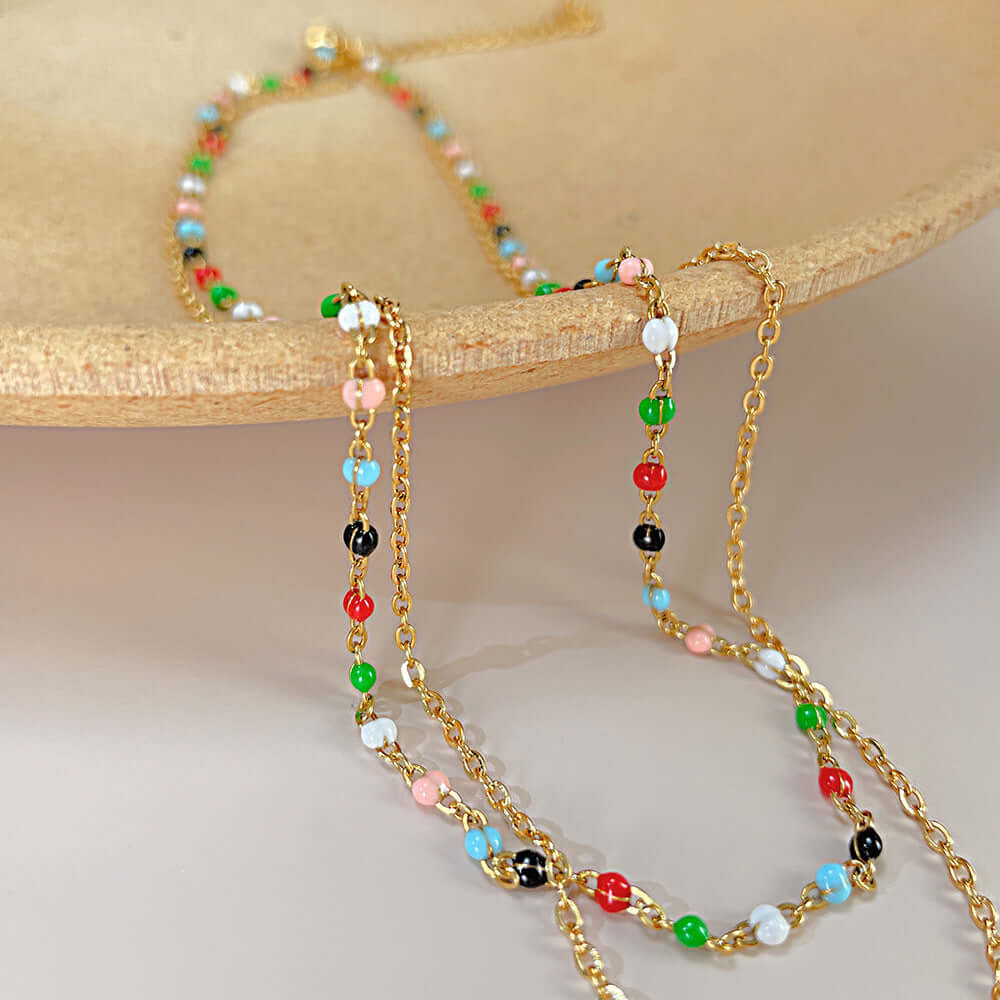 Gold Plated Colorful Beads Layered Necklace