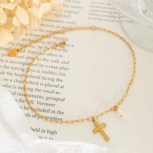 18K Gold Pearl Cross Anklet Chain