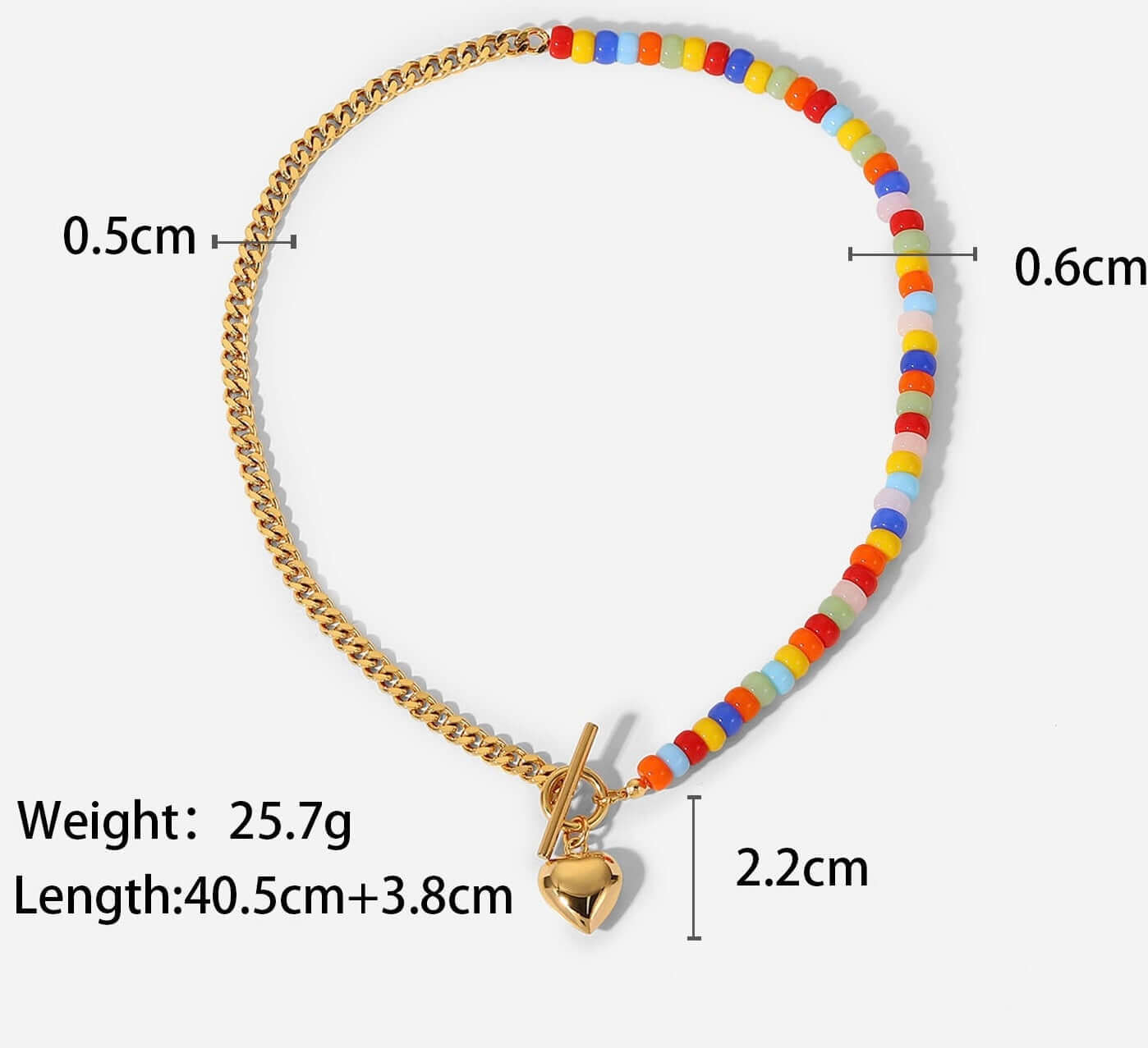 18K Gold Plated Heart Chain Necklace with Coloful Boho Ceramic Beads