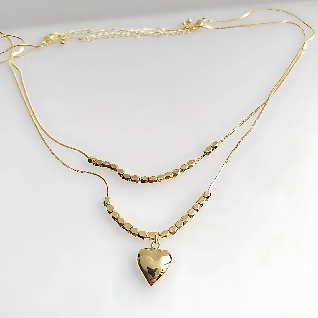 2 Ways Heart Pendant Gold Cube Layering Necklace