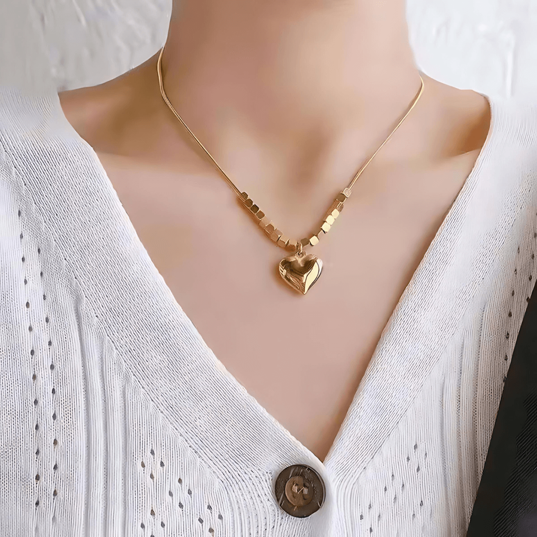 2 Ways Heart Pendant Gold Cube Layering Necklace