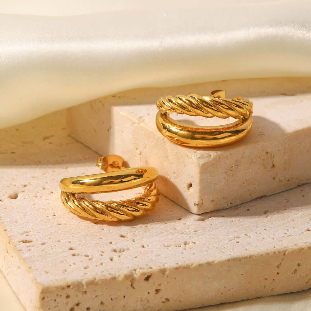 18K Gold Plated Layered Twisted C Hoop Earrings