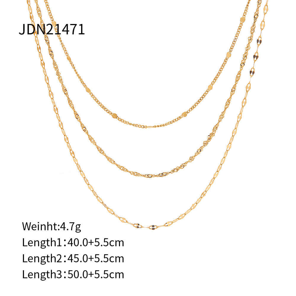 18K Gold Plated Triple Strand Lip & Cable Chain Necklace