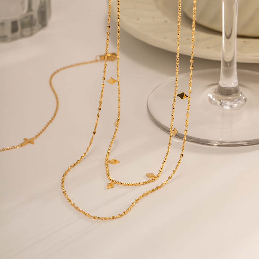 18K Gold Plated Geometric Double Strand Chain Necklace