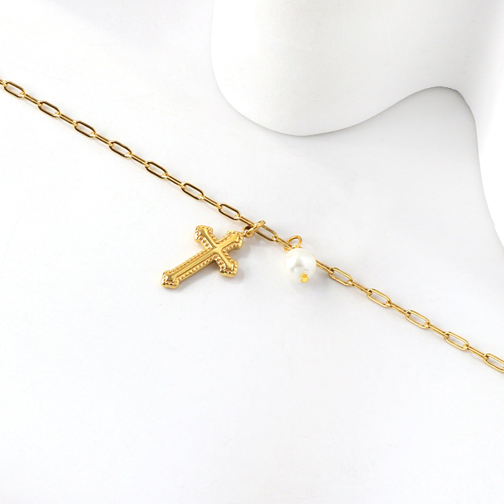 18K Gold Pearl Cross Anklet Chain