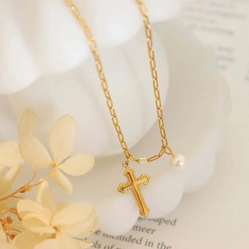 18K Gold Pearl Anklet Chain, Cross Anklet Bracelet | S098