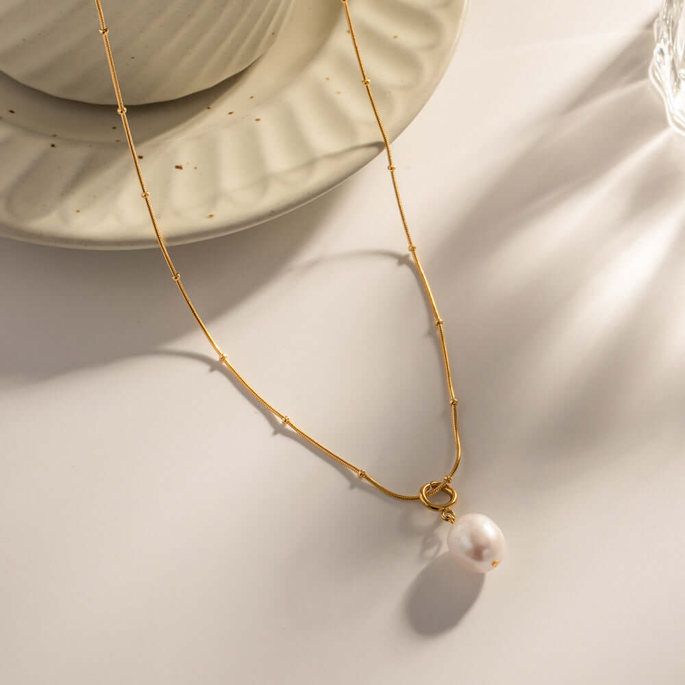 18K Gold Plated Stainless Steel Pearl Necklace | JDN489