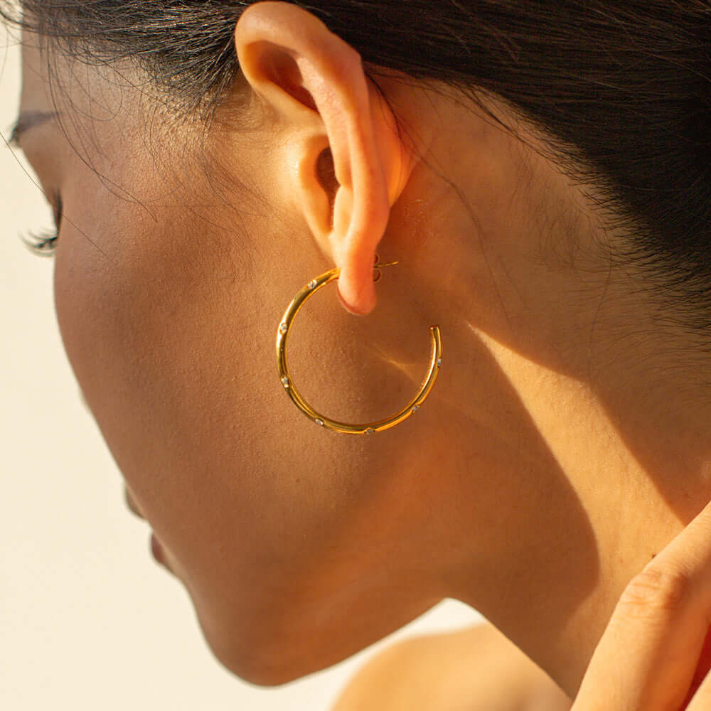 18K Gold Plated Minimal Diamond C Hoop Earrings