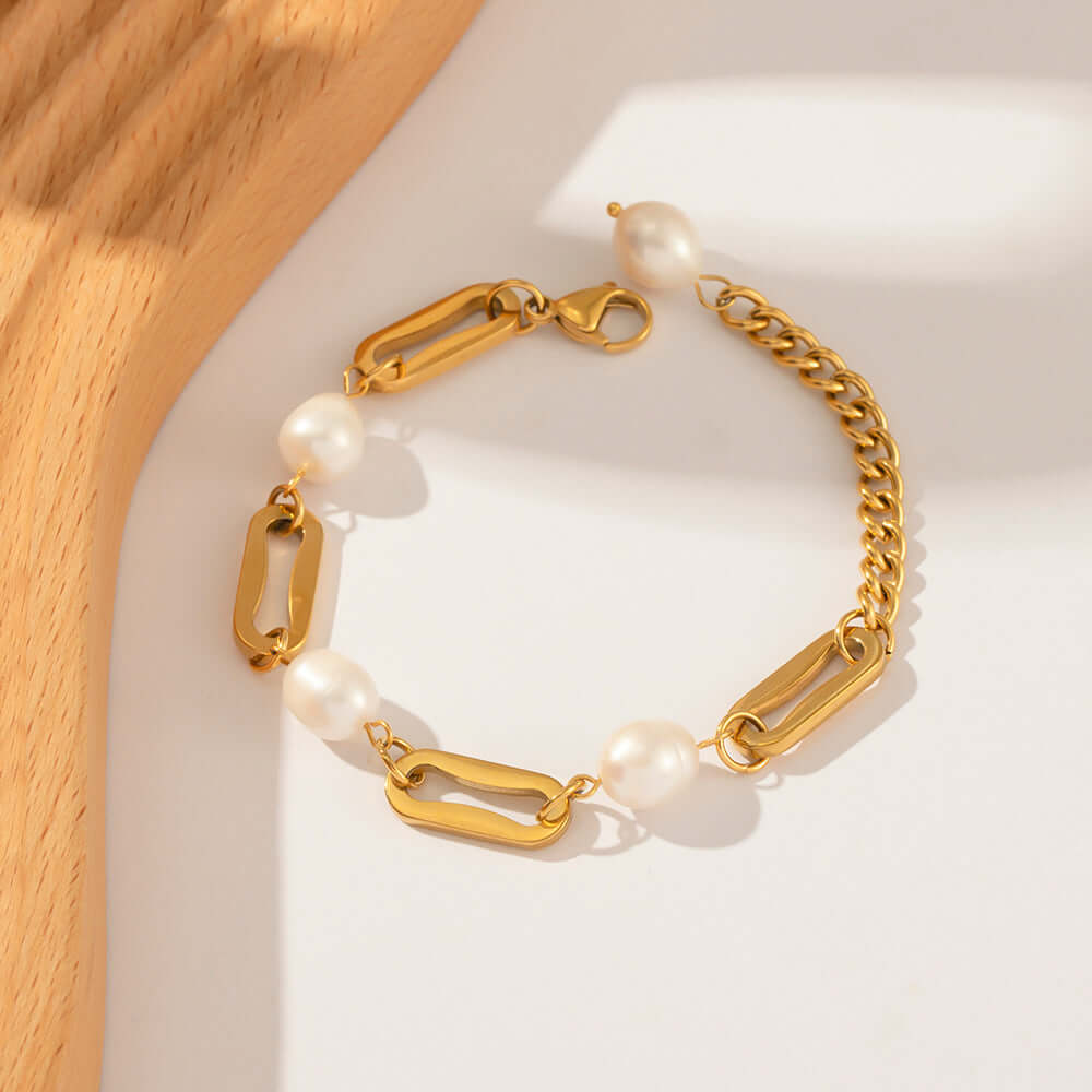 Gold Plated White Pearl Paperclip Bracelet