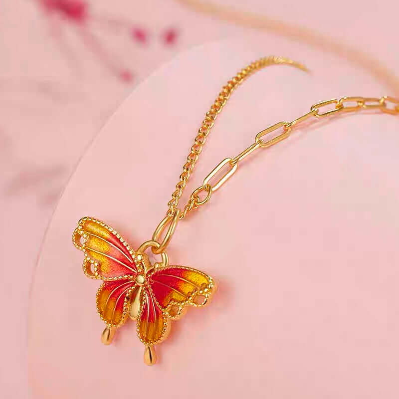 Gold Red Butterfly Pendant Necklace