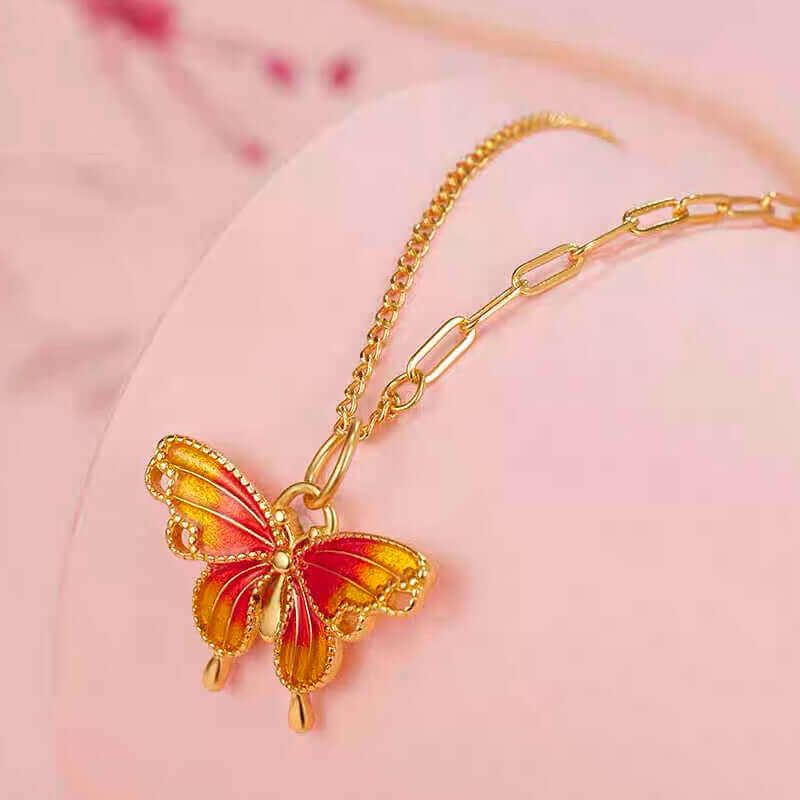 Gold Red Butterfly Pendant Necklace