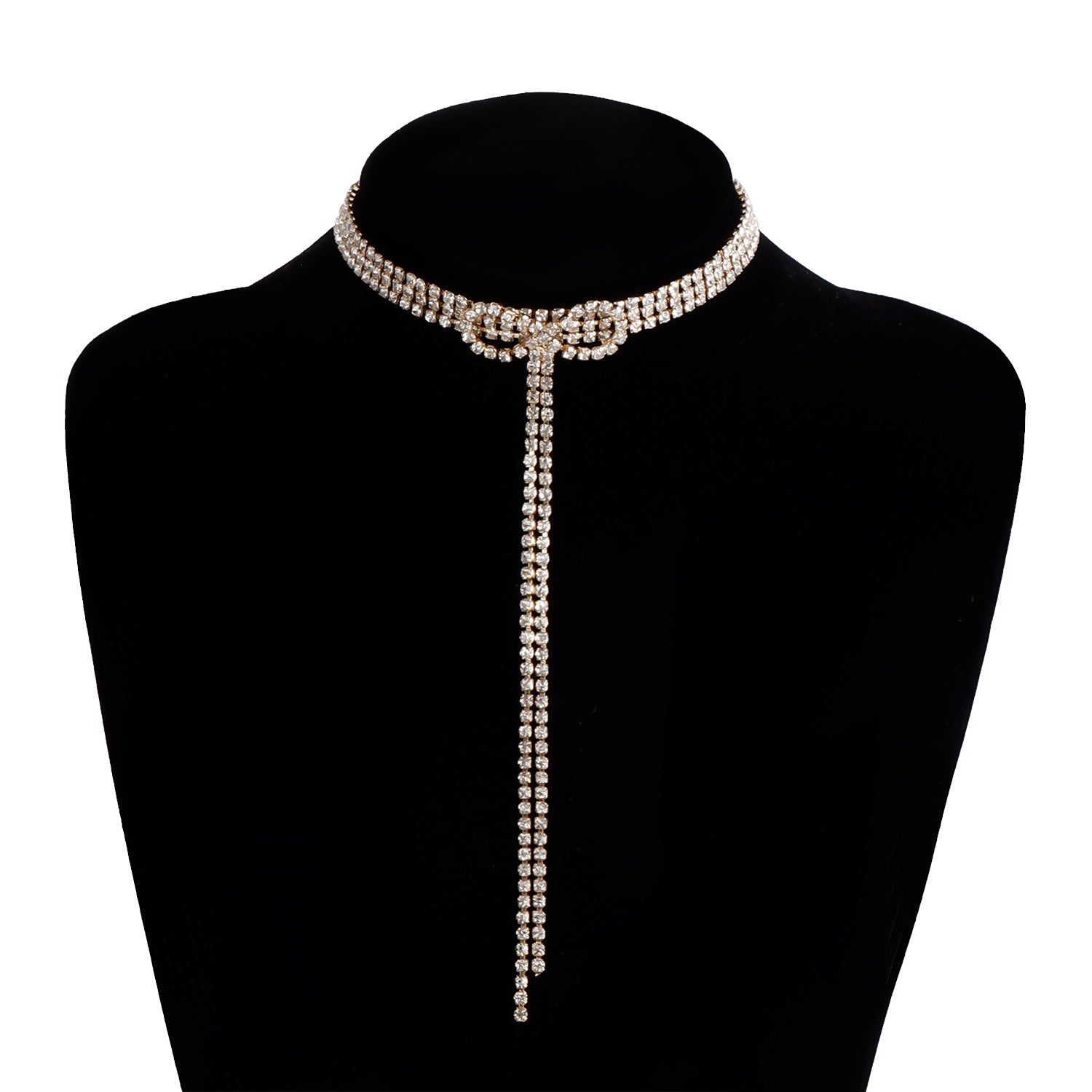 Gold Rhinestones Ribbon Y Necklace