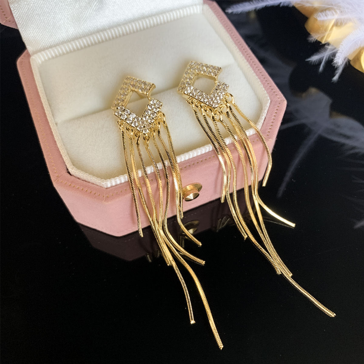 Gold Rhombus Diamond Tassel Earrings