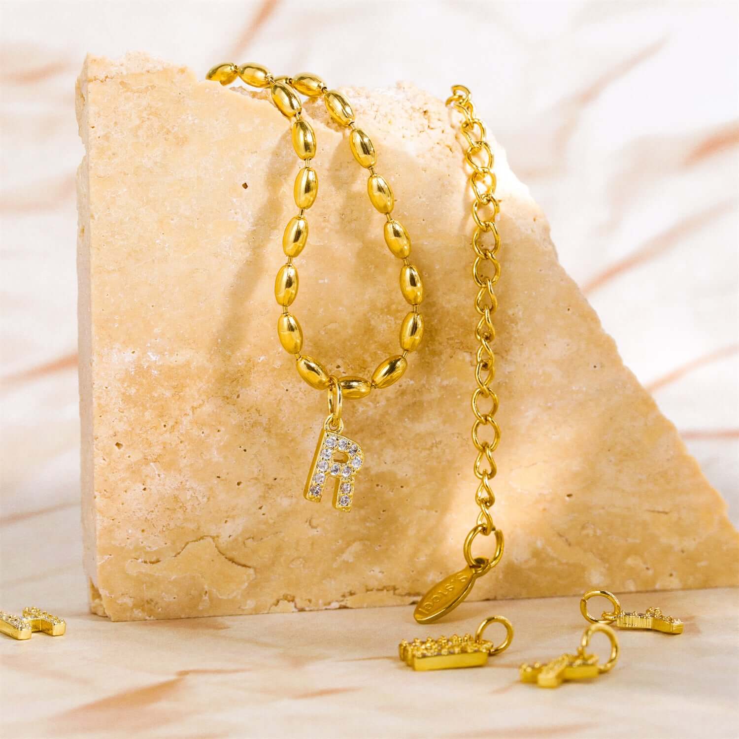 Gold Rice Bead Alphabet Pendant Necklace