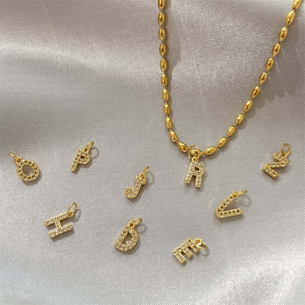 Gold Rice Beads Alphabet Pendant Necklace