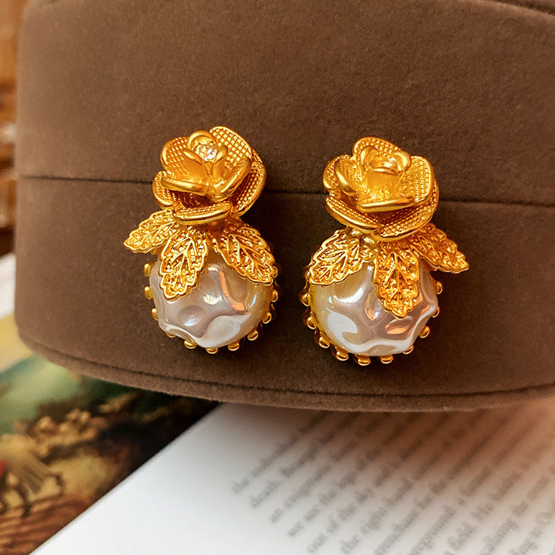 Gold Rose_Flower_Pearl_Earrings