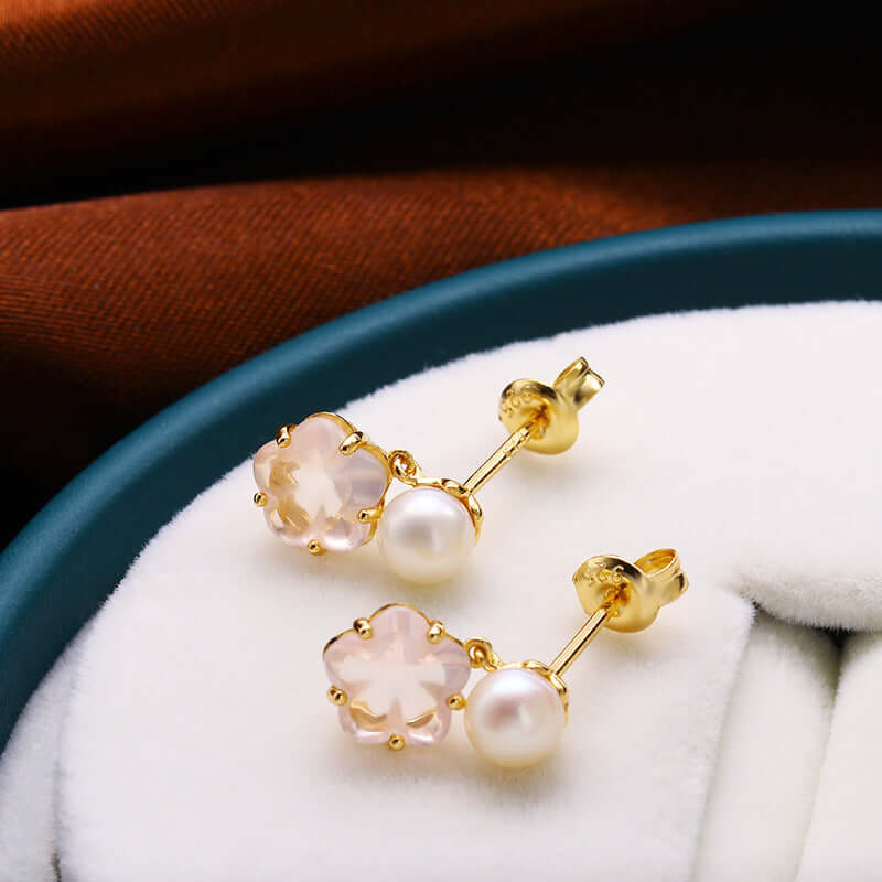 Gold Rose Quartz Pearl Earrings