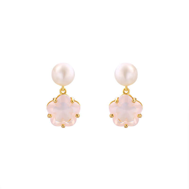 Gold Sakura Quartz Pearl Earrings