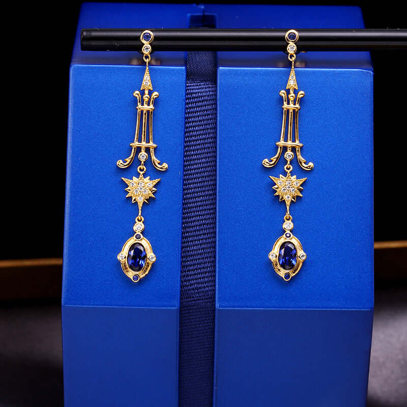 Gold Sapphire Starburst Earrings