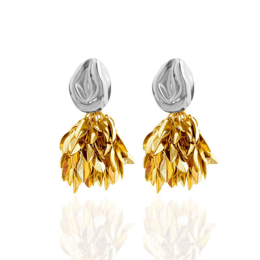 Gold Silver 2 Ways Leaf Fringe Drop Earrings