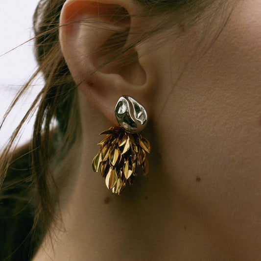 Gold Silver 2 Ways Leaf Fringe Earrings