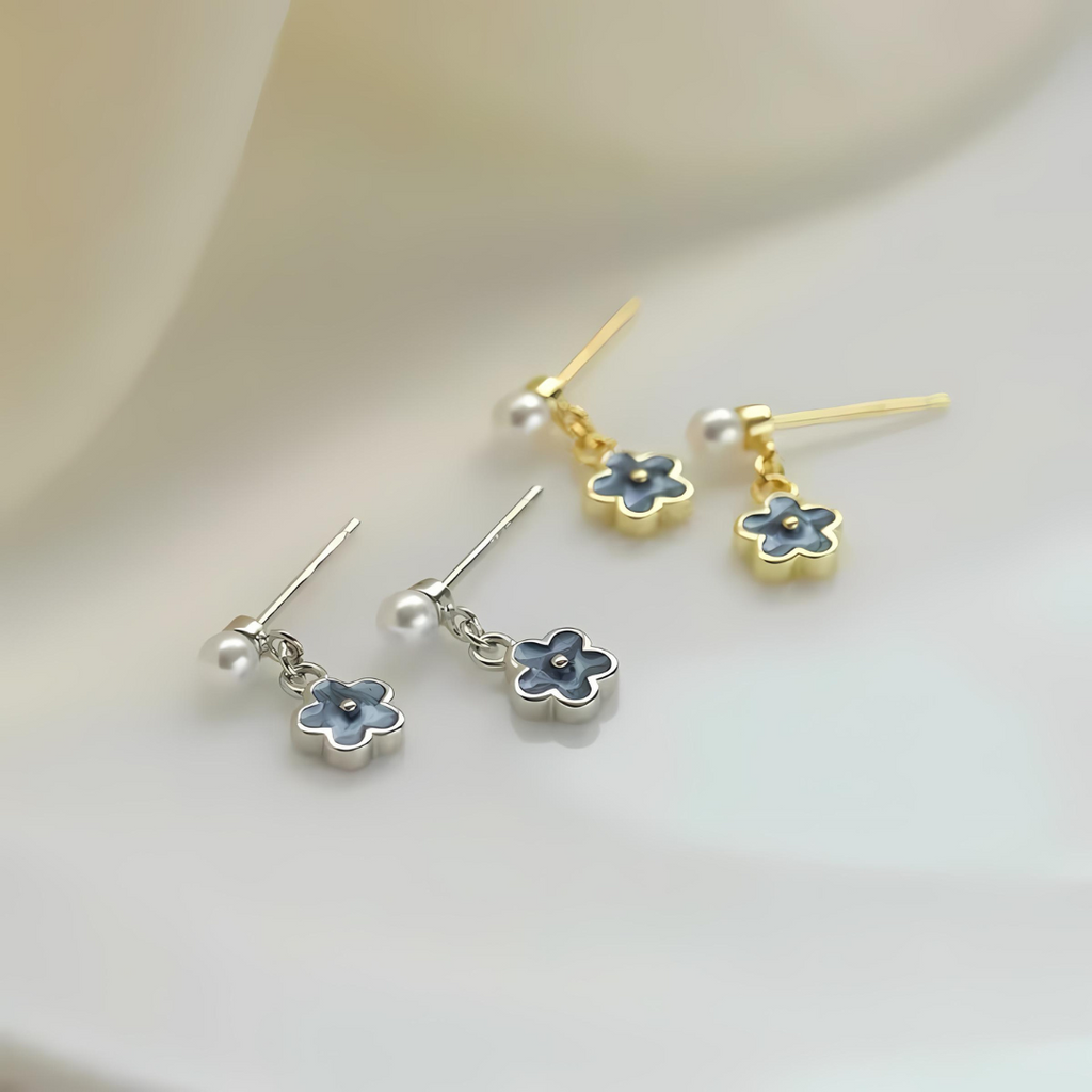 Gold Silver Enamel Flower Pearl Earring