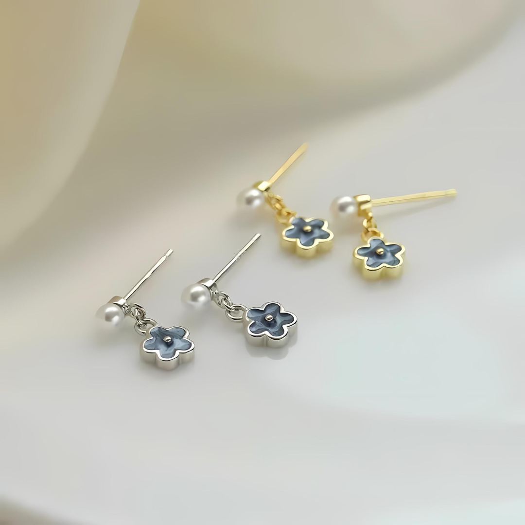 Gold Silver Enamel Flower Pearl Earring