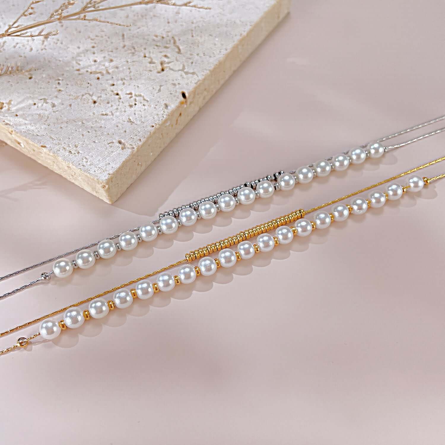 Gold Silver Pearl Beads Layering Necklace