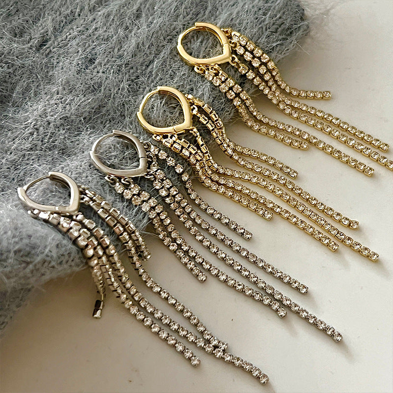 Gold Silver Rhinestone Tassel Earrings